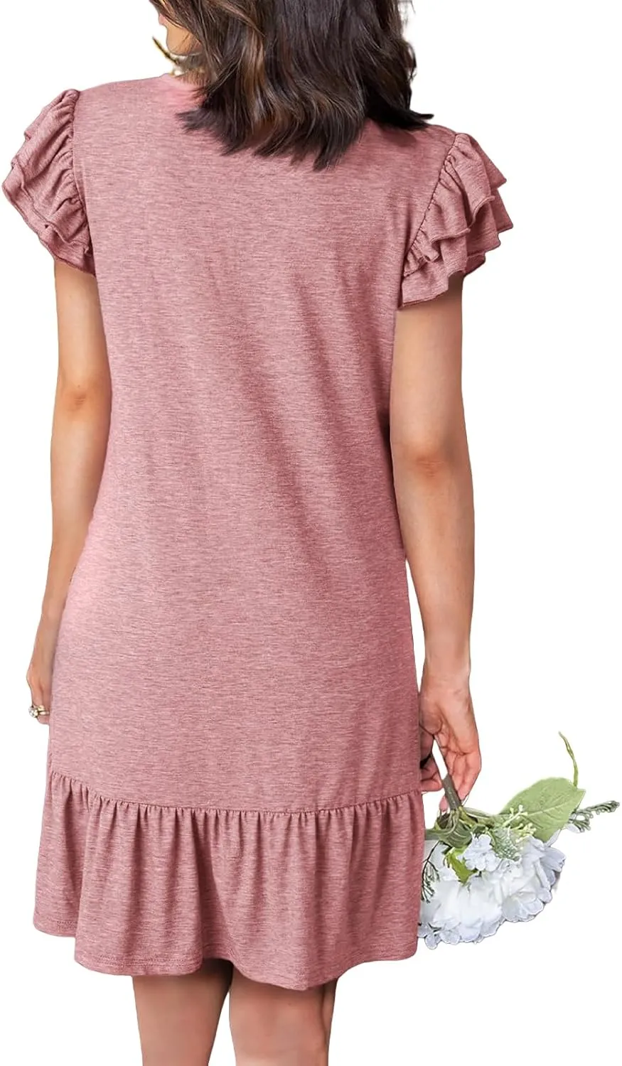 Womens Summer Dresses Ruffle Cap Sleeve Mini Dress Loose Pleated V Neck A-Line Swing Tshirt Dress Sundress