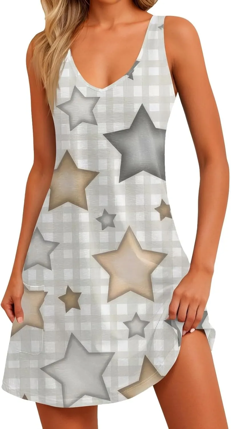 Womens Summer Dresses Sleeveless V Neck Sundress Printed Beach Dress with Pocket Vacation Casual Swimsuit Coverup