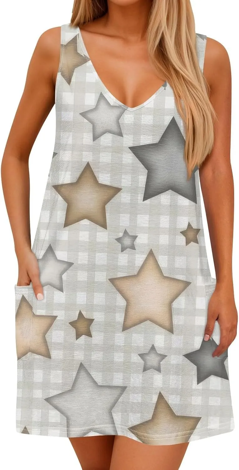 Womens Summer Dresses Sleeveless V Neck Sundress Printed Beach Dress with Pocket Vacation Casual Swimsuit Coverup