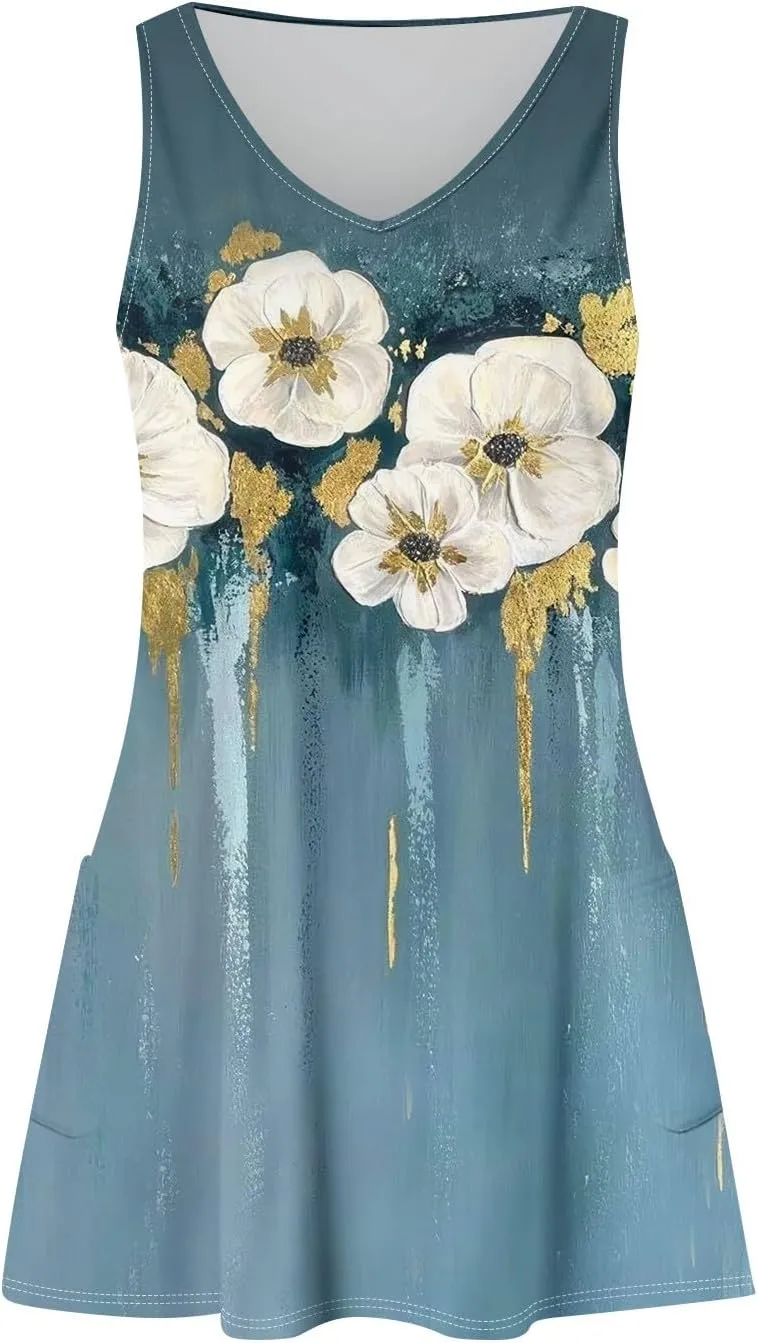 Womens Summer Dresses Sleeveless Vacation Swimsuit Coverup Beach Printed Sundress Casual 2025 Dress with Pocket