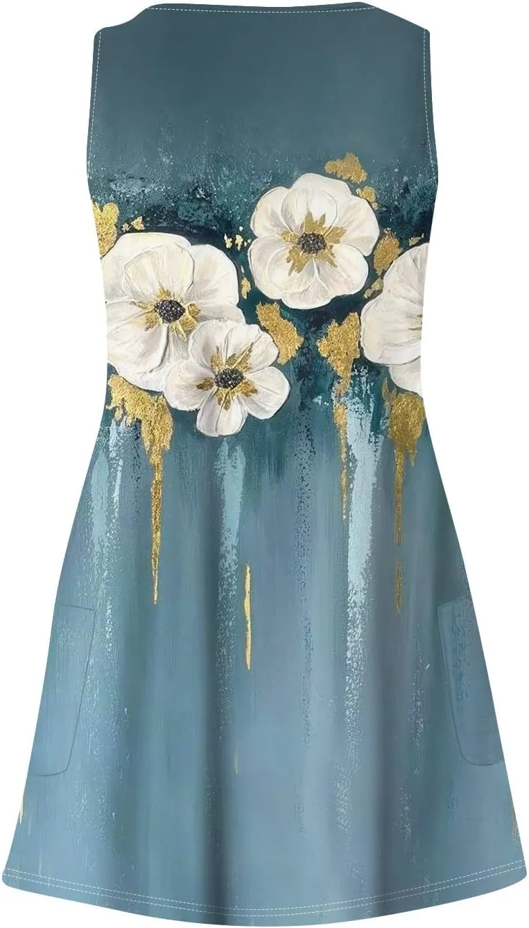 Womens Summer Dresses Sleeveless Vacation Swimsuit Coverup Beach Printed Sundress Casual 2025 Dress with Pocket