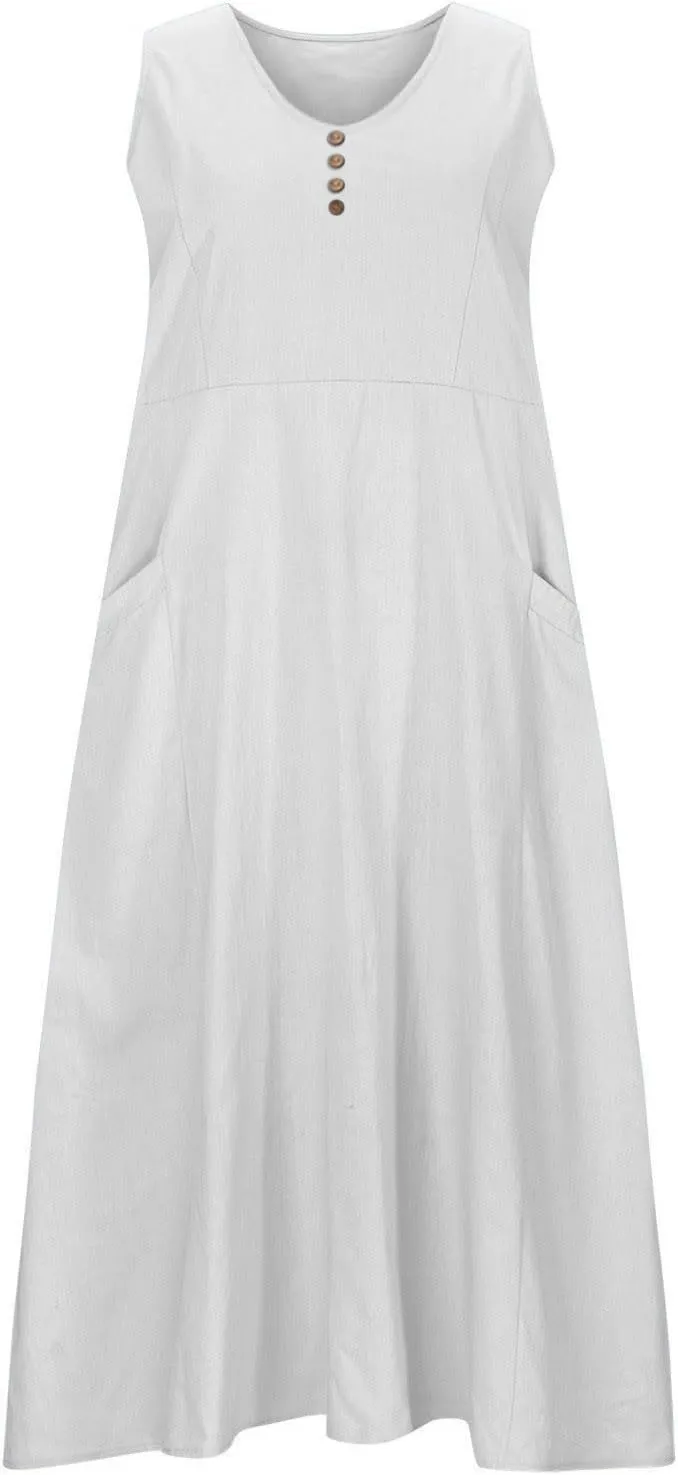 Womens Summer Linen Dress 2025 Beach Vacation Sleeveless Button Crewneck Flowy Sundress Pockets Loose Midi Long Dress