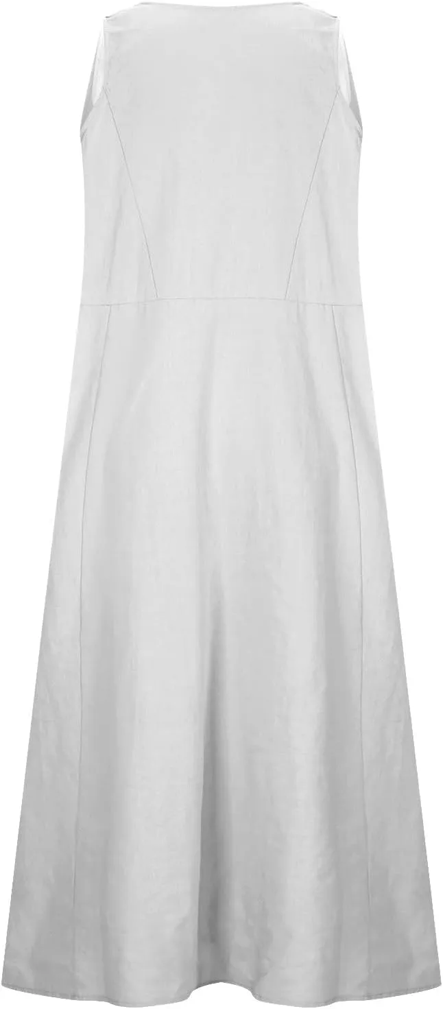 Womens Summer Linen Dress 2025 Beach Vacation Sleeveless Button Crewneck Flowy Sundress Pockets Loose Midi Long Dress