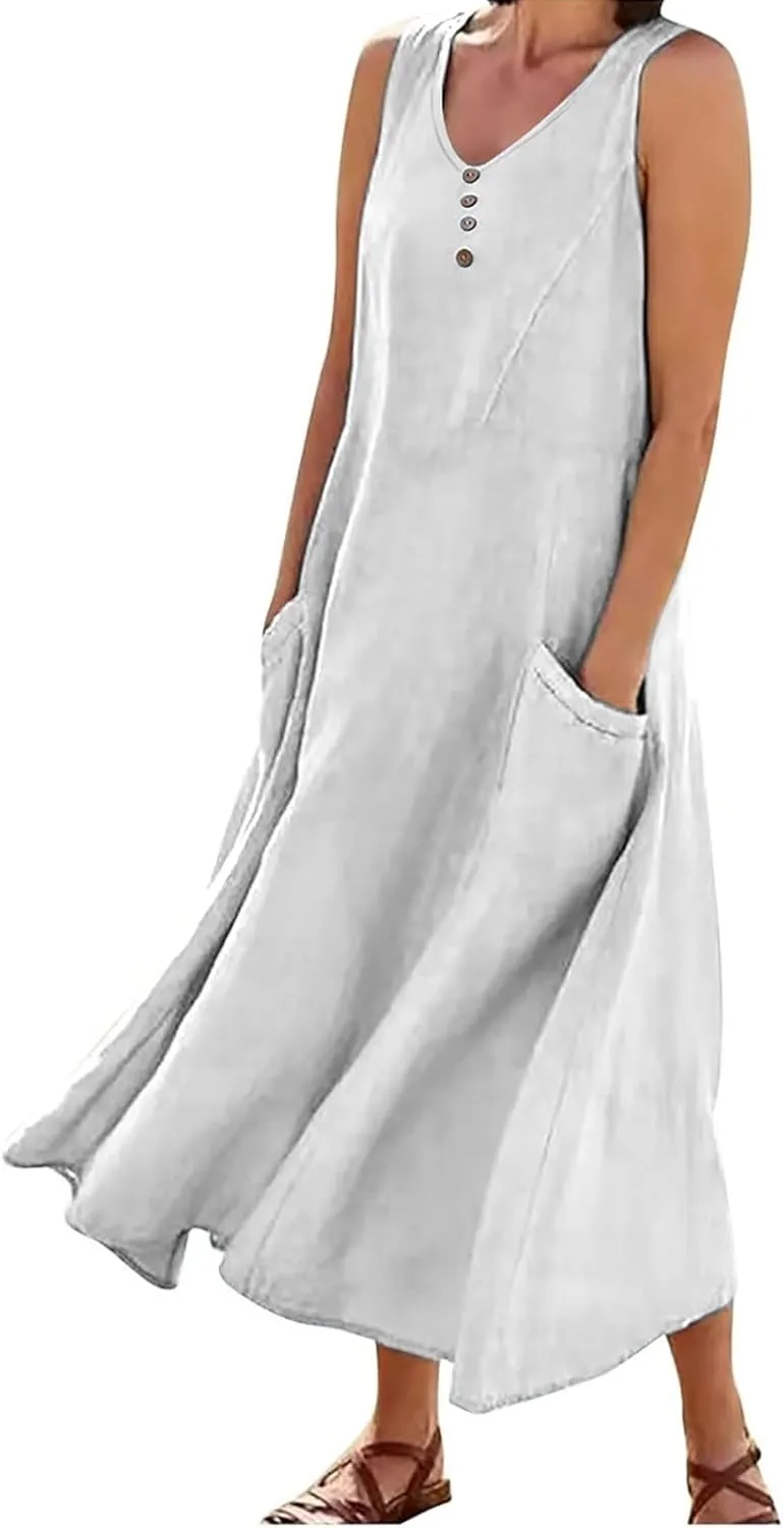 Womens Summer Linen Dress 2025 Beach Vacation Sleeveless Button Crewneck Flowy Sundress Pockets Loose Midi Long Dress