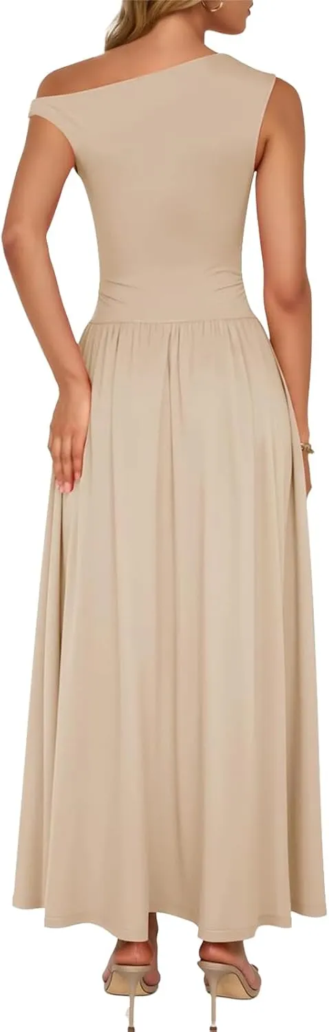 Women's Summer Maxi Dress One Shoulder Pleated Long Party Dress Slim Fit Flowy Swing Dresses with Pockets