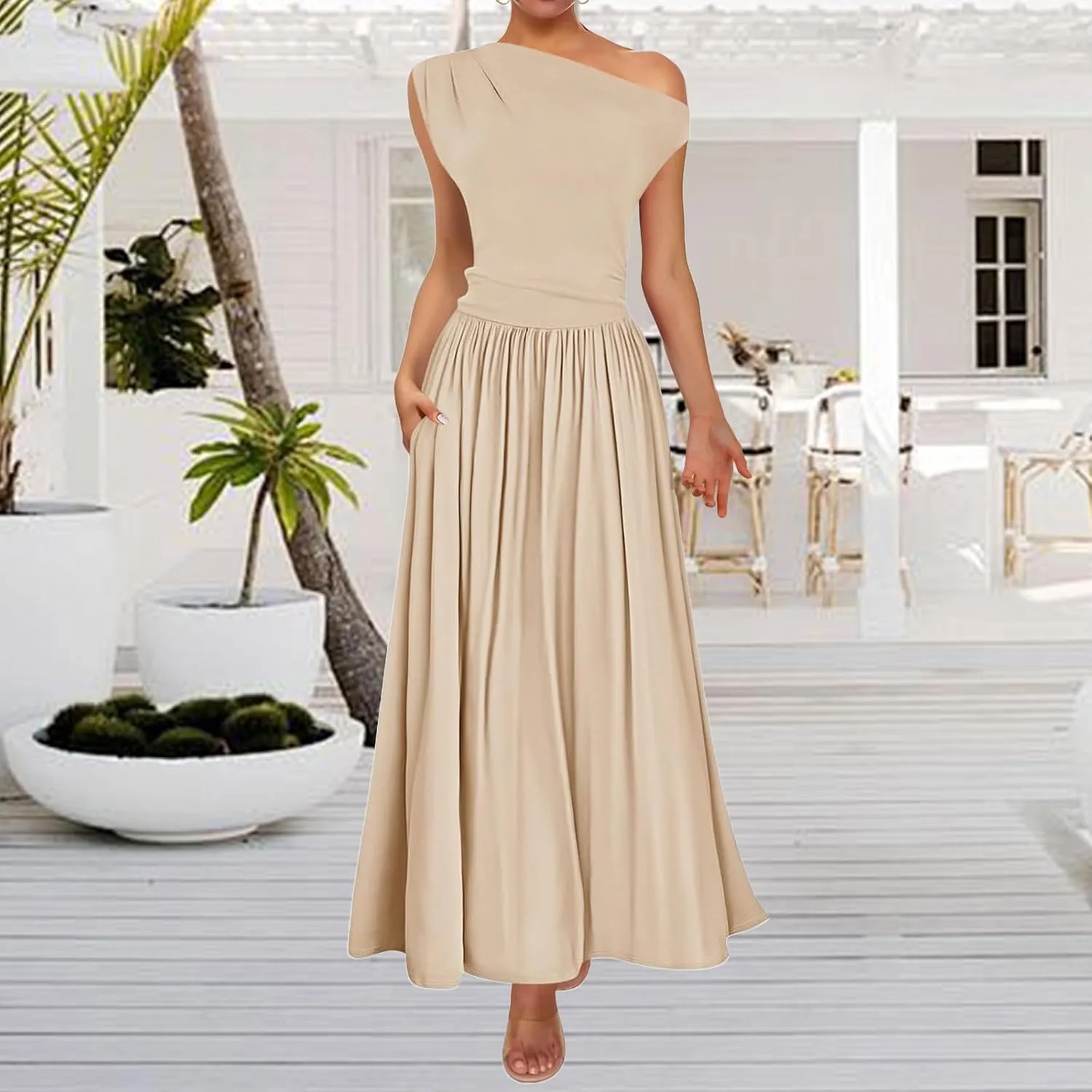 Women's Summer Maxi Dress One Shoulder Pleated Long Party Dress Slim Fit Flowy Swing Dresses with Pockets