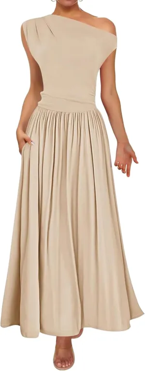 Women's Summer Maxi Dress One Shoulder Pleated Long Party Dress Slim Fit Flowy Swing Dresses with Pockets