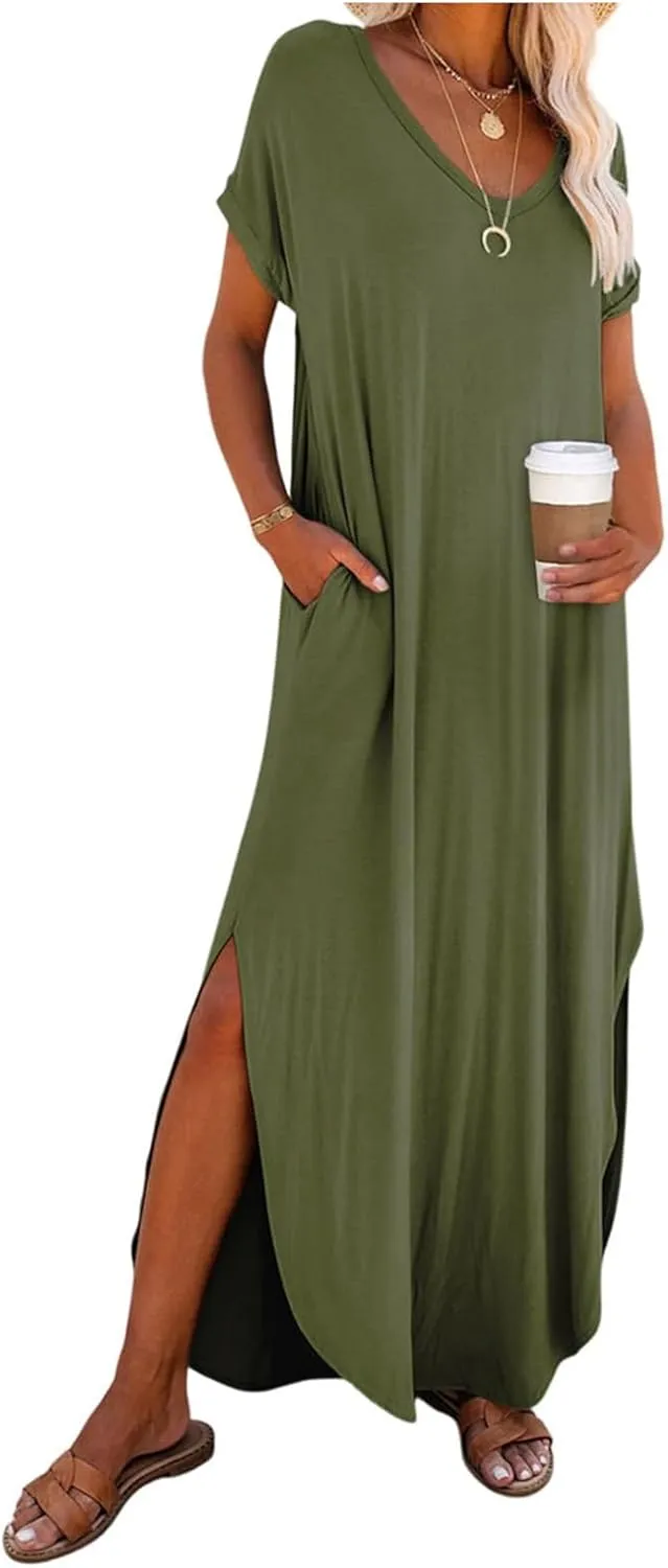 Womens Summer Maxi Dress Short Sleeves V Neck Loose Sundress Split Beach Shirt Dress Vacation Outfit with Pockets