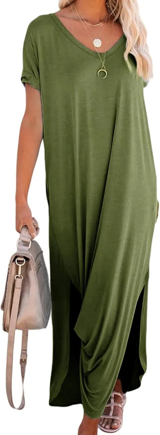 Womens Summer Maxi Dress Short Sleeves V Neck Loose Sundress Split Beach Shirt Dress Vacation Outfit with Pockets