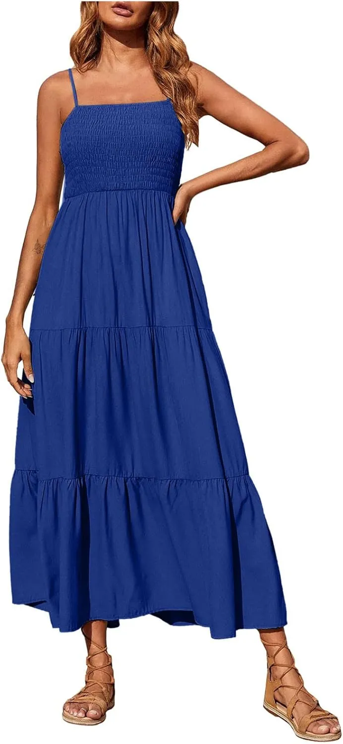Womens Summer Maxi Dress Spaghetti Strap Smocked Sundress Flowy Tiered Beach Dresses Boho Long Dress Cruise Outfits