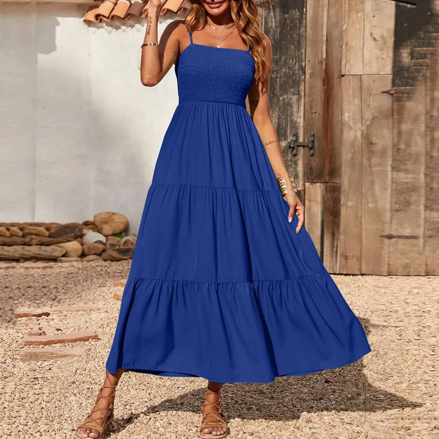 Womens Summer Maxi Dress Spaghetti Strap Smocked Sundress Flowy Tiered Beach Dresses Boho Long Dress Cruise Outfits