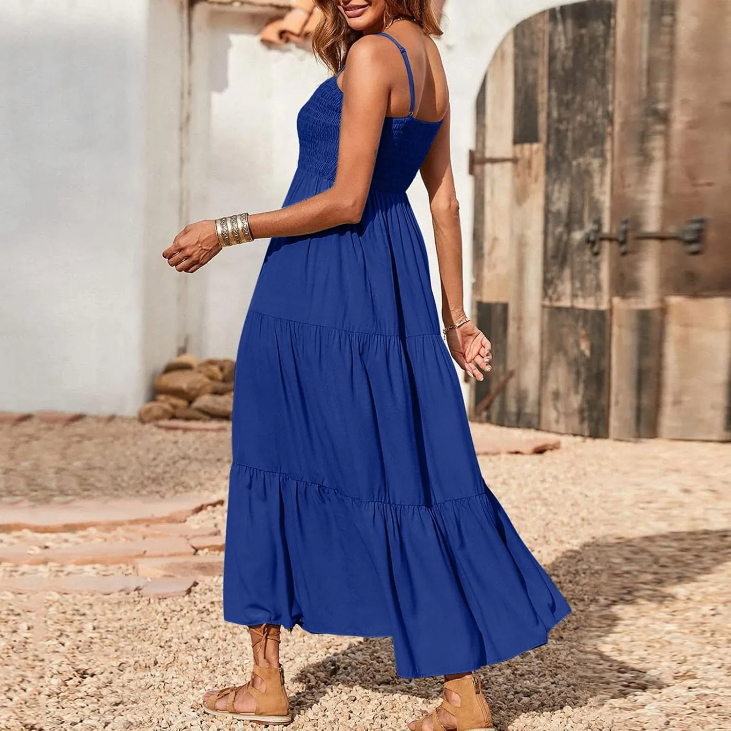 Womens Summer Maxi Dress Spaghetti Strap Smocked Sundress Flowy Tiered Beach Dresses Boho Long Dress Cruise Outfits