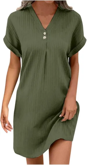 Womens Summer Shirt Dress Short Sleeve Solid Shift Dress Casual Loose Flowy Beach Vacation Sundress with Pockets