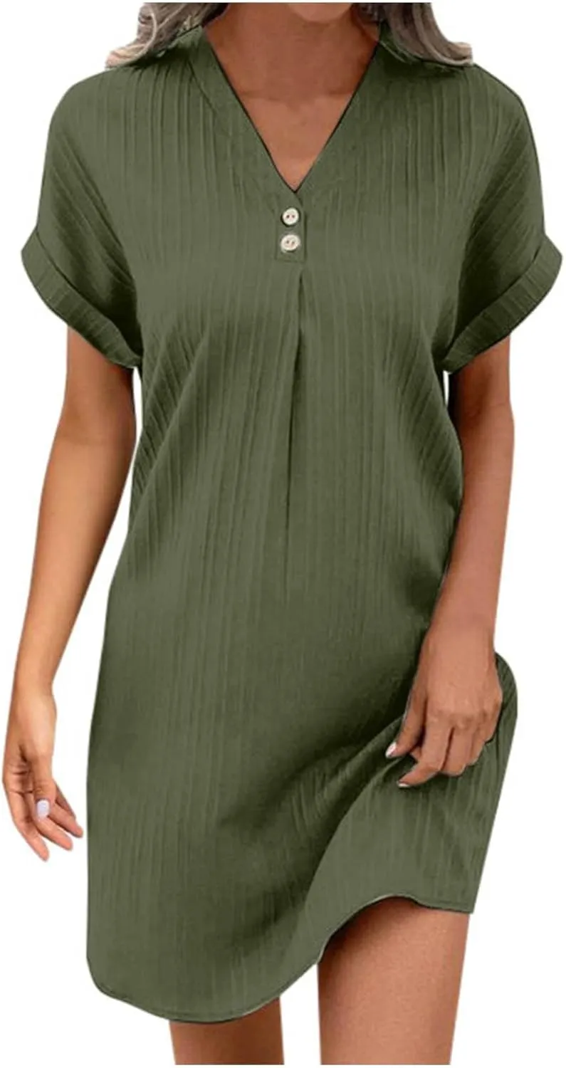 Womens Summer Shirt Dress Short Sleeve Solid Shift Dress Casual Loose Flowy Beach Vacation Sundress with Pockets