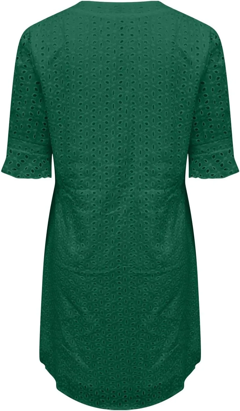 Women's Summer Short Sleeve Mini Dress V Neck Ruffle Hollow Out Eyelet Lace Dresses Casual Beach Vacation Dresses