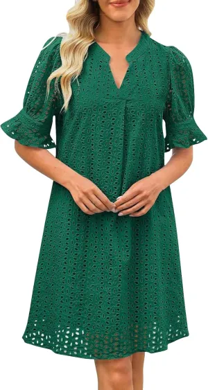 Women's Summer Short Sleeve Mini Dress V Neck Ruffle Hollow Out Eyelet Lace Dresses Casual Beach Vacation Dresses