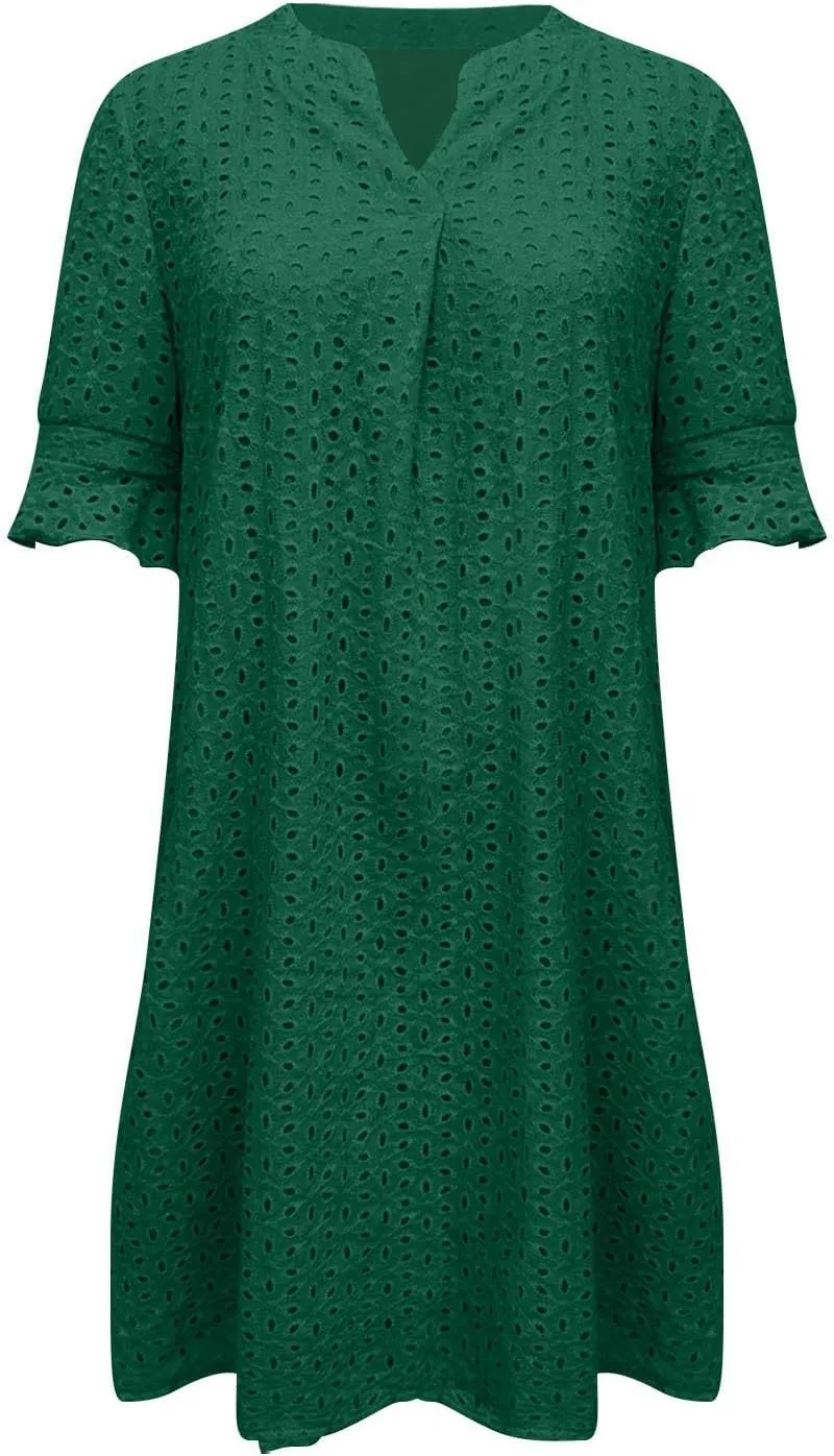 Women's Summer Short Sleeve Mini Dress V Neck Ruffle Hollow Out Eyelet Lace Dresses Casual Beach Vacation Dresses