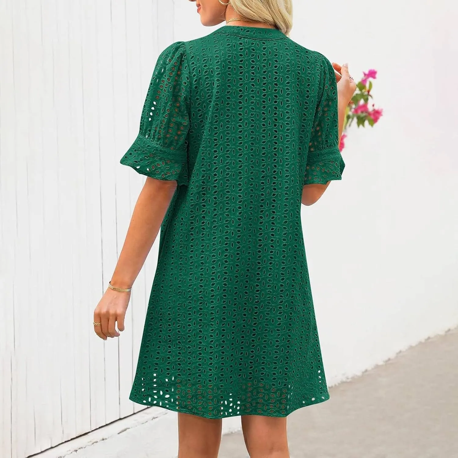 Women's Summer Short Sleeve Mini Dress V Neck Ruffle Hollow Out Eyelet Lace Dresses Casual Beach Vacation Dresses
