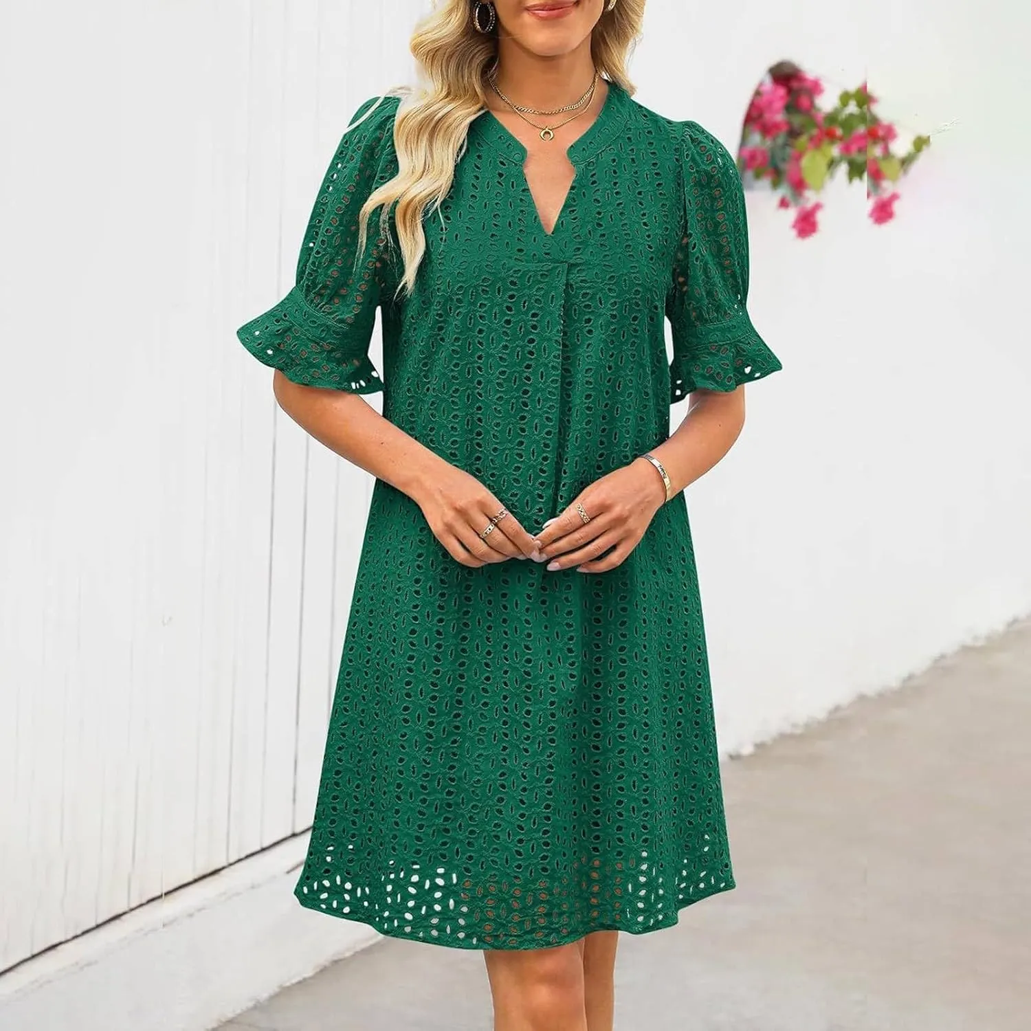 Women's Summer Short Sleeve Mini Dress V Neck Ruffle Hollow Out Eyelet Lace Dresses Casual Beach Vacation Dresses