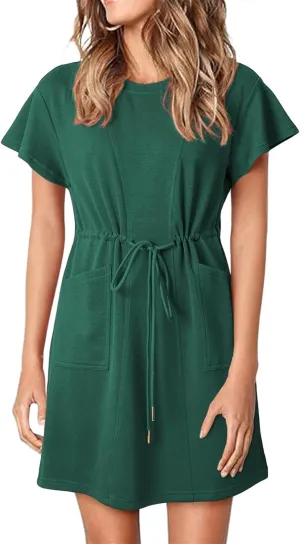 Women's Summer Short Sleeve T Shirt Dress Casual Drawstring Crewneck Mini Dress Tie Waist Dresses with Pockets