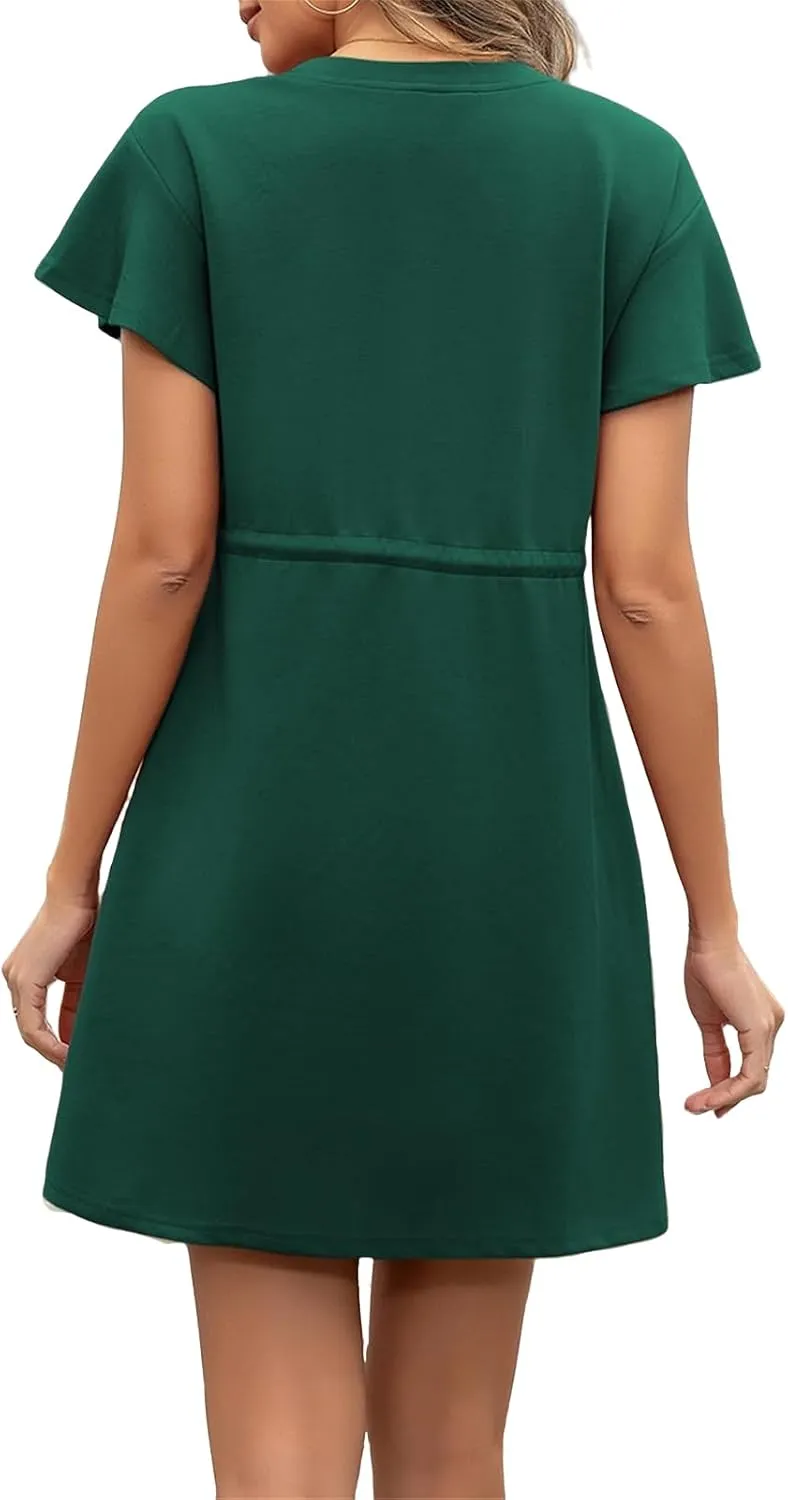 Women's Summer Short Sleeve T Shirt Dress Casual Drawstring Crewneck Mini Dress Tie Waist Dresses with Pockets