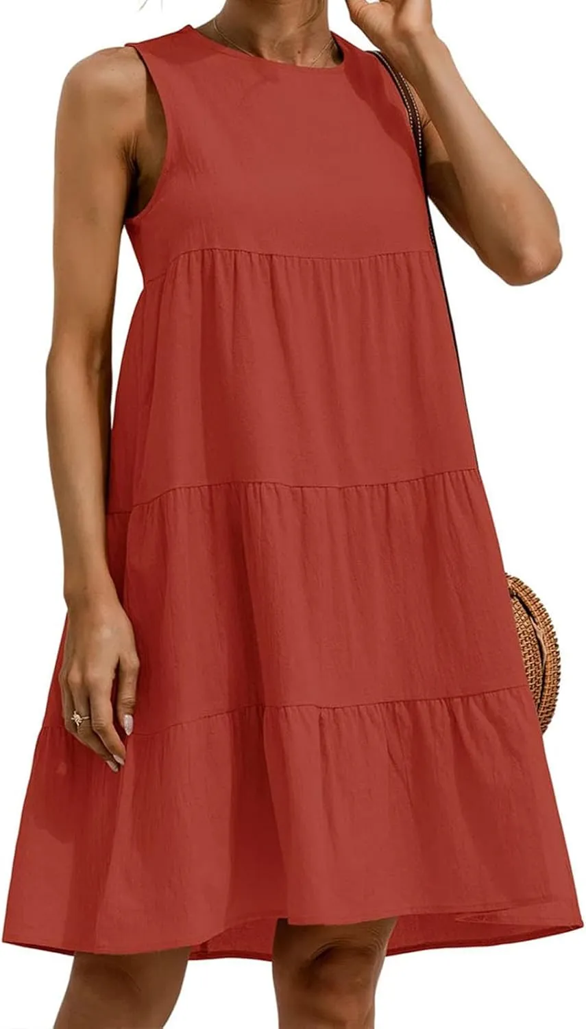 Women's Summer Sleeveless Midi Dresses Linen Round Neck Casual Flowy Pleated Mini Dress Solid Loose Sweet Cute Dress