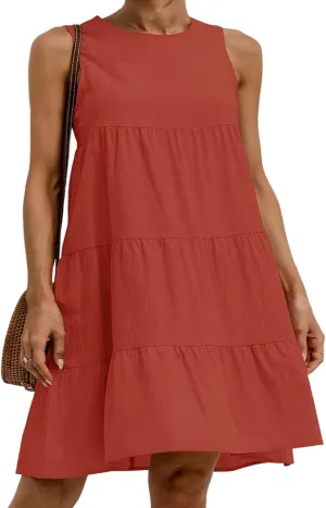 Women's Summer Sleeveless Midi Dresses Linen Round Neck Casual Flowy Pleated Mini Dress Solid Loose Sweet Cute Dress