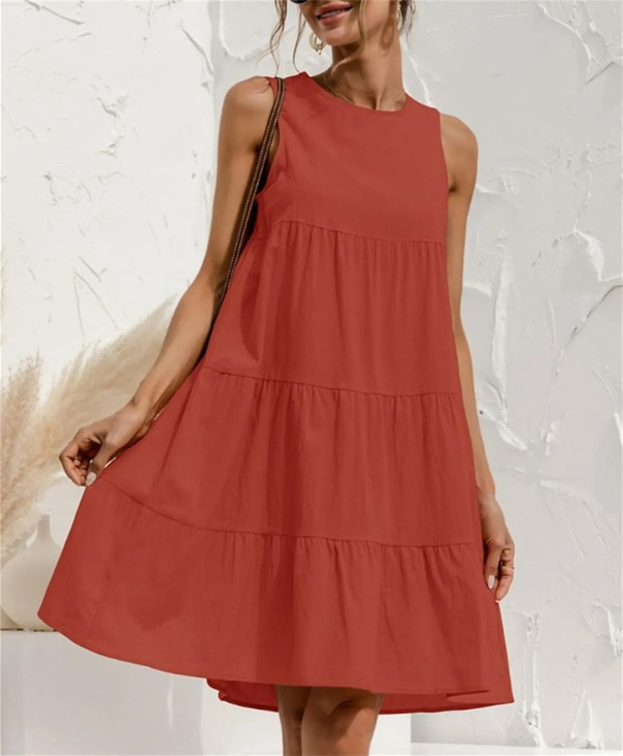 Women's Summer Sleeveless Midi Dresses Linen Round Neck Casual Flowy Pleated Mini Dress Solid Loose Sweet Cute Dress
