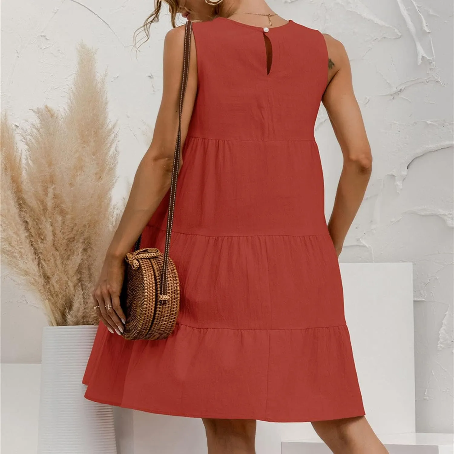 Women's Summer Sleeveless Midi Dresses Linen Round Neck Casual Flowy Pleated Mini Dress Solid Loose Sweet Cute Dress
