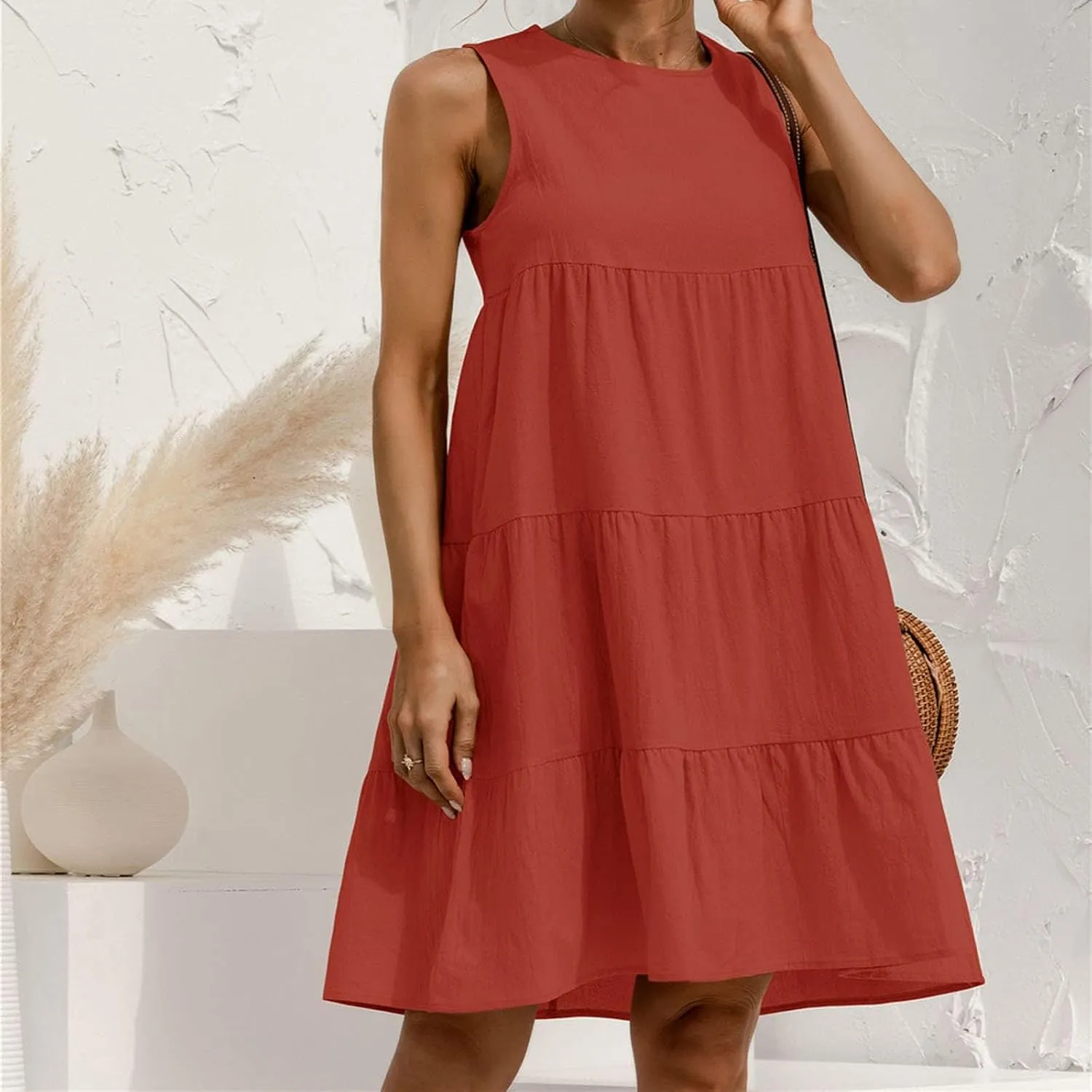 Women's Summer Sleeveless Midi Dresses Linen Round Neck Casual Flowy Pleated Mini Dress Solid Loose Sweet Cute Dress