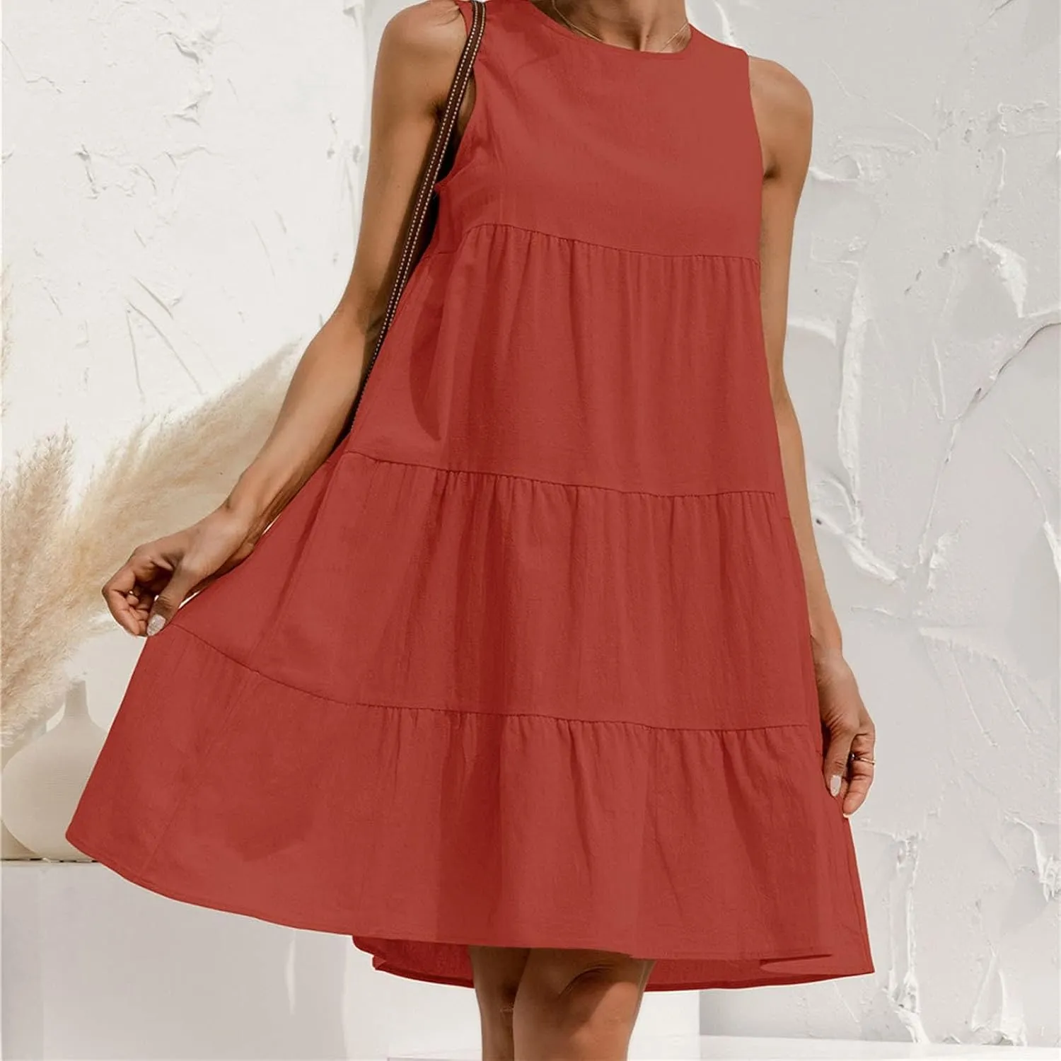 Women's Summer Sleeveless Midi Dresses Linen Round Neck Casual Flowy Pleated Mini Dress Solid Loose Sweet Cute Dress