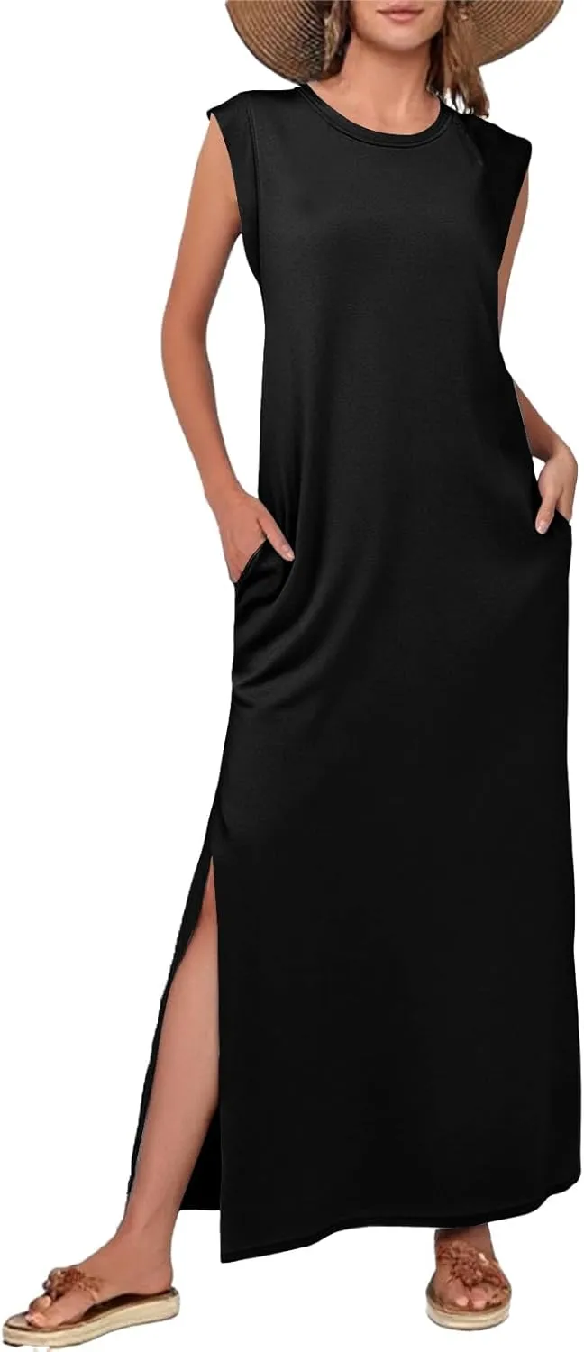 Womens Summer Sundress Sleeveless Loose Split Maxi Long Beach Shirt Dress Dressy Casual Solid Color Business Dresses