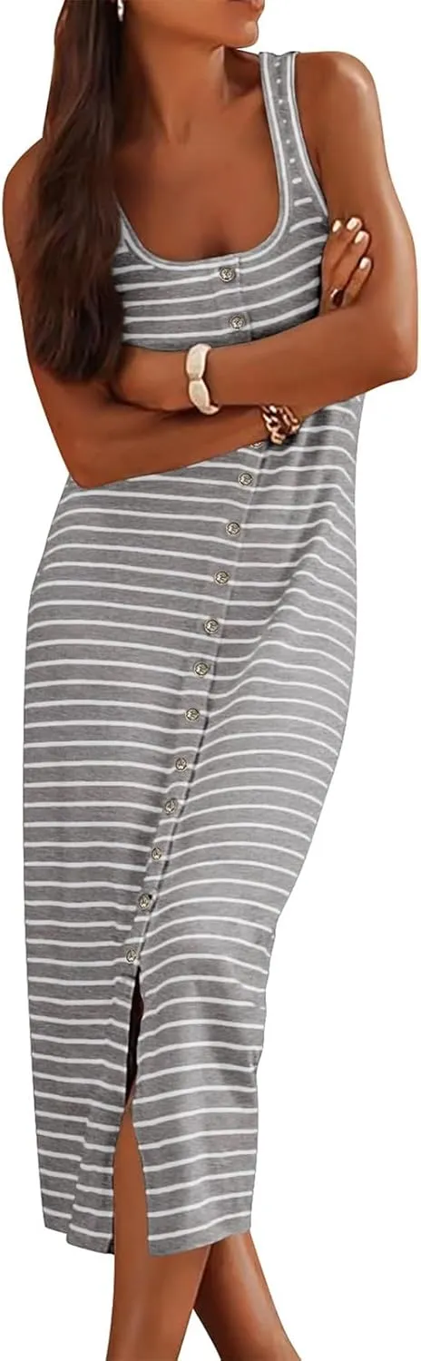 Womens Summer Tank Dress Casual Sleeveless Striped Dresses Square Neck Bodycon Maxi Dress Beach Vacation Sundress