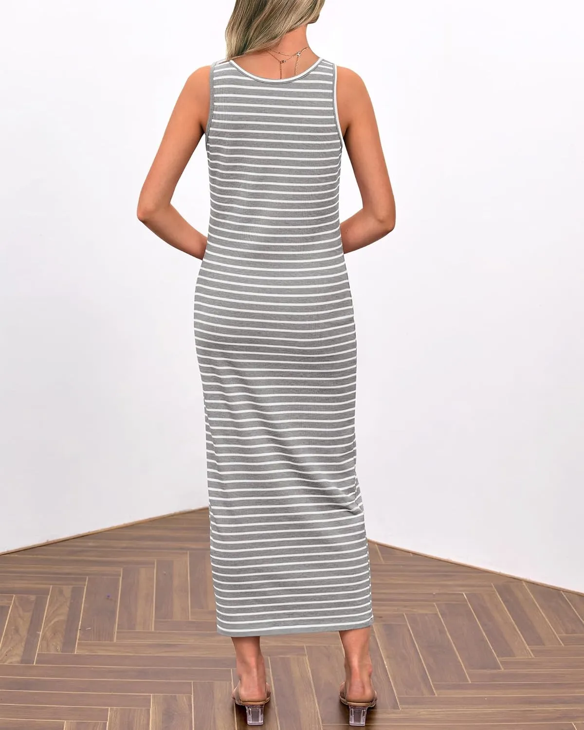 Womens Summer Tank Dress Casual Sleeveless Striped Dresses Square Neck Bodycon Maxi Dress Beach Vacation Sundress