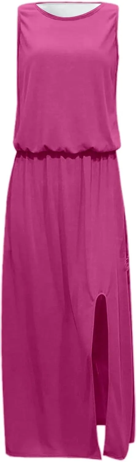Women's Summer Tiered Sleeveless Split Maxi Dress with Pockets Spring Casual Crew Neck Floor Length Flowy Dresses