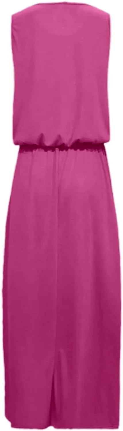 Women's Summer Tiered Sleeveless Split Maxi Dress with Pockets Spring Casual Crew Neck Floor Length Flowy Dresses