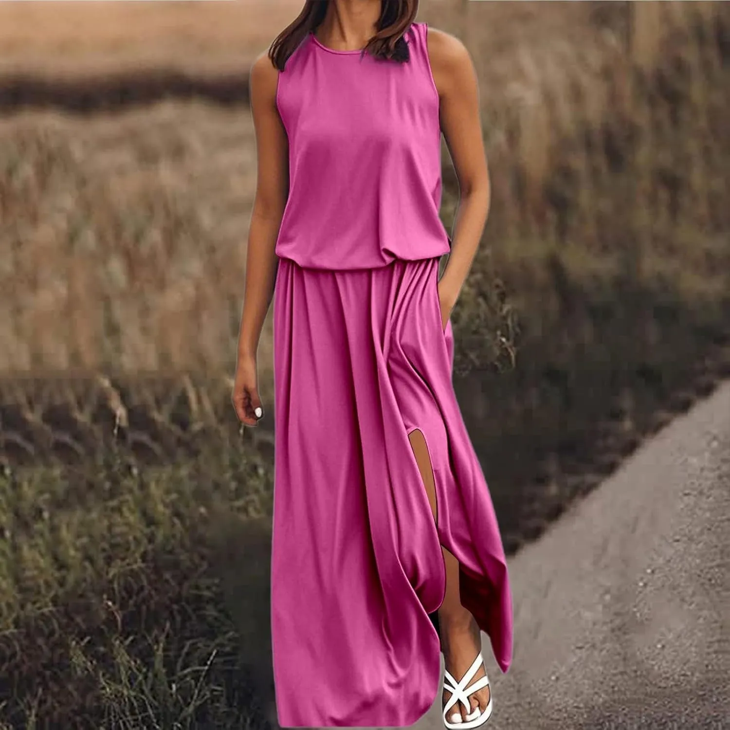Women's Summer Tiered Sleeveless Split Maxi Dress with Pockets Spring Casual Crew Neck Floor Length Flowy Dresses