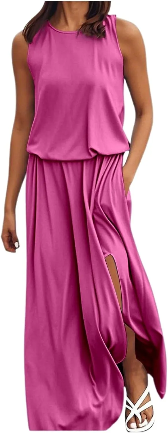 Women's Summer Tiered Sleeveless Split Maxi Dress with Pockets Spring Casual Crew Neck Floor Length Flowy Dresses