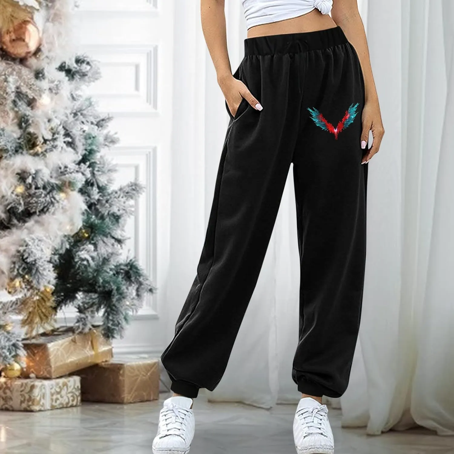 Women's Sweatpants Trendy High Waisted Graphic Petite Warm Trousers Workout Lounge Baggy Joggers with Pockets Holiday