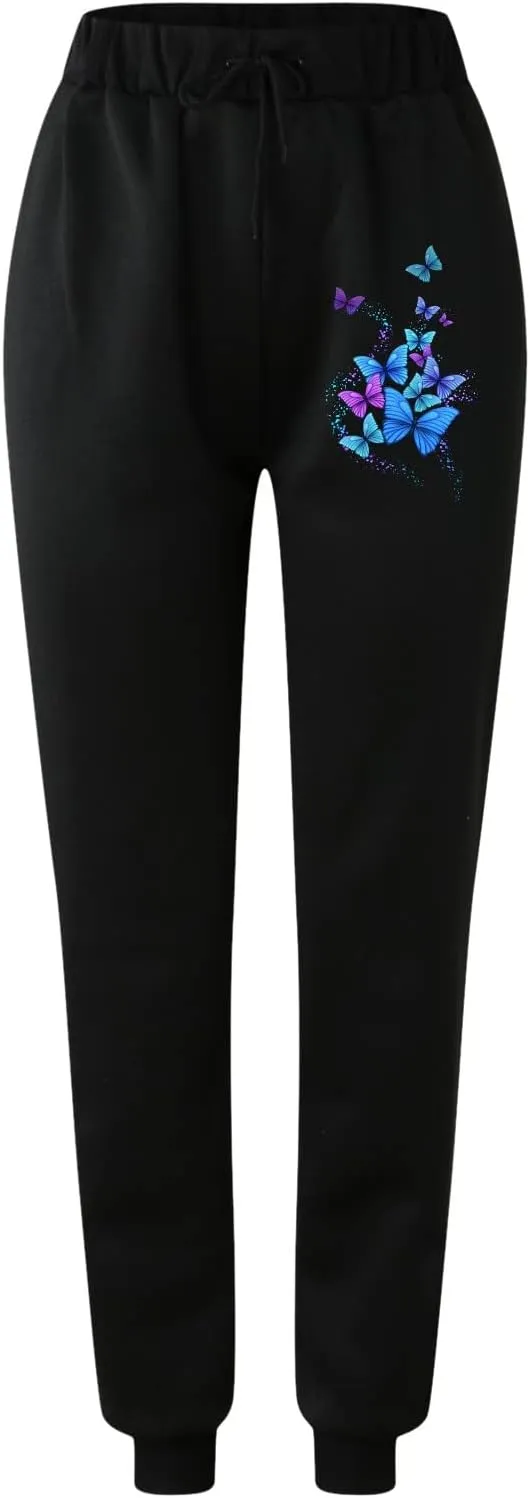Women's Sweatpants Trendy High Waisted Graphic Petite Warm Trousers Workout Lounge Baggy Joggers with Pockets Holiday