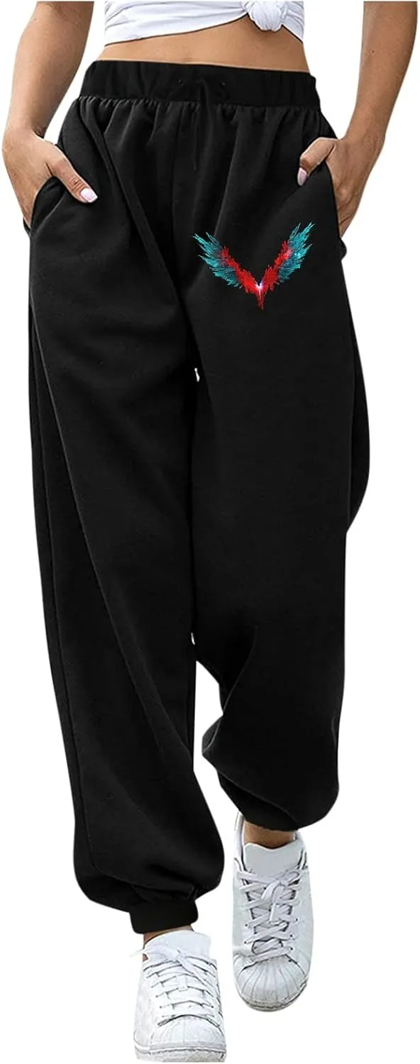 Women's Sweatpants Trendy High Waisted Graphic Petite Warm Trousers Workout Lounge Baggy Joggers with Pockets Holiday
