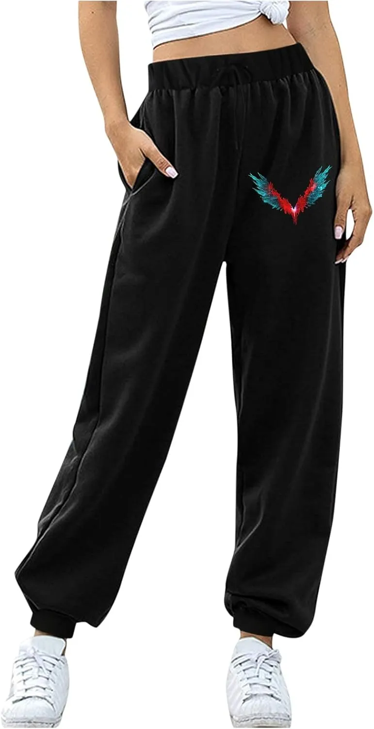 Women's Sweatpants Trendy High Waisted Graphic Petite Warm Trousers Workout Lounge Baggy Joggers with Pockets Holiday