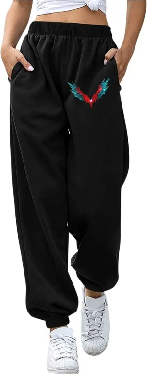 Women's Sweatpants Trendy High Waisted Graphic Petite Warm Trousers Workout Lounge Baggy Joggers with Pockets Holiday