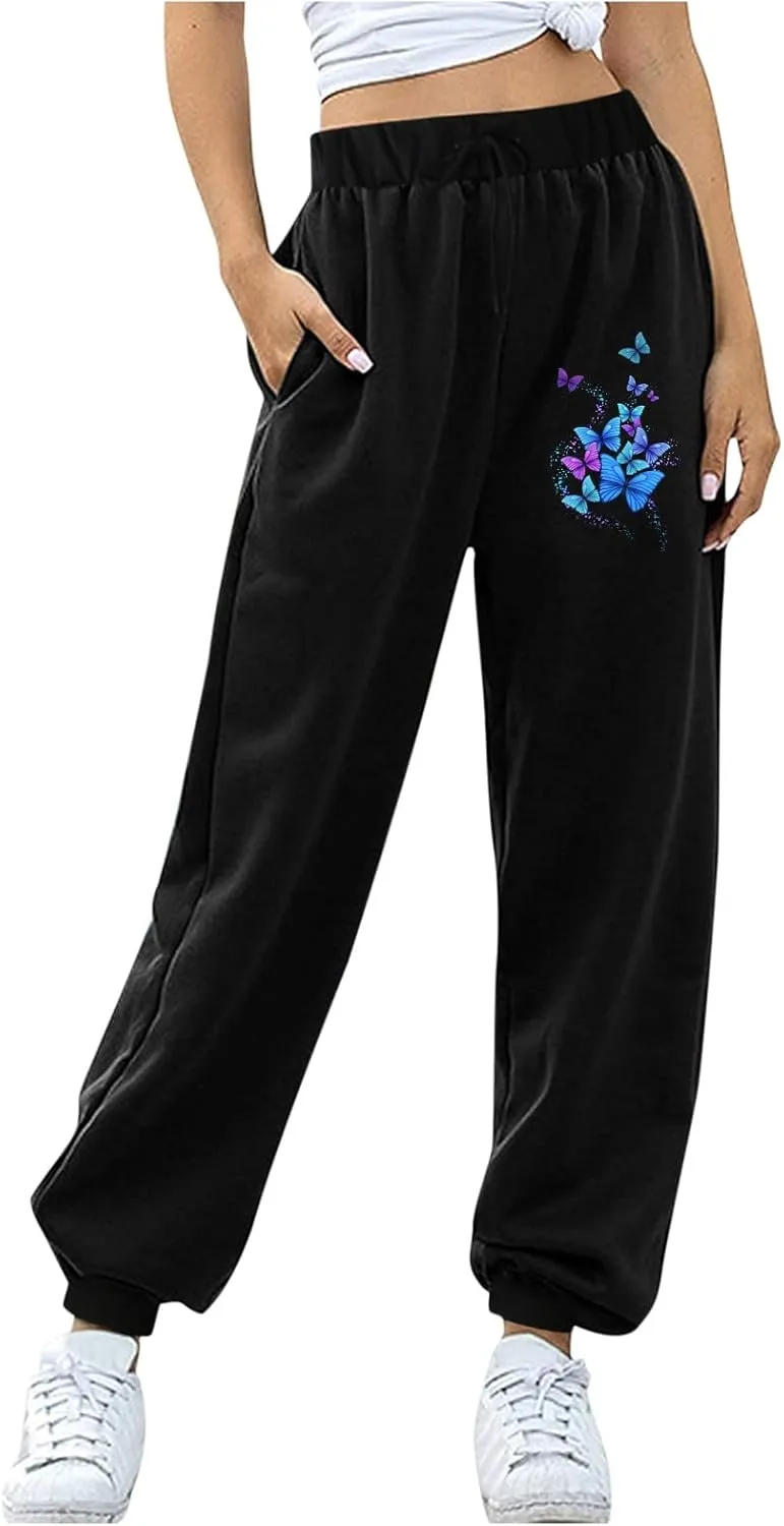 Women's Sweatpants Trendy High Waisted Graphic Petite Warm Trousers Workout Lounge Baggy Joggers with Pockets Holiday