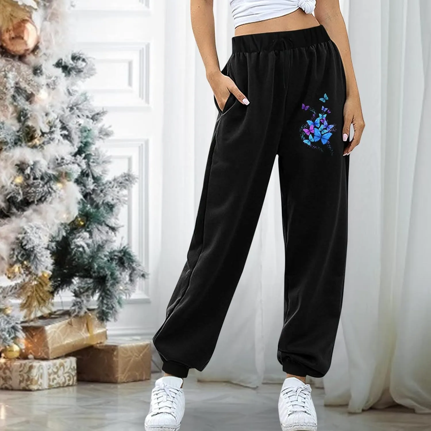 Women's Sweatpants Trendy High Waisted Graphic Petite Warm Trousers Workout Lounge Baggy Joggers with Pockets Holiday