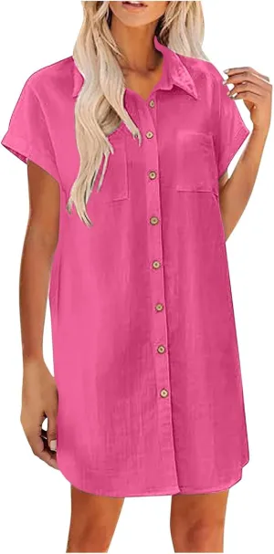 Womens Swim Cover up 2025 Summer Button Down Shirt Mini Dress Cotton Gauze Tops Kimono Bathing Suit Beach Coverups