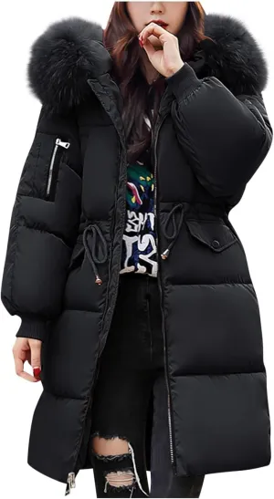 Women's Thicken Faux Fur Hooded Coats Plus Size Tunic Drawstring Zip Up Puffer Jacket Winter Trendy Warm Down Jackets