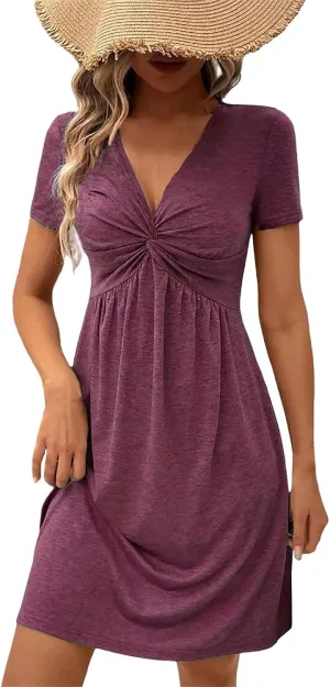 Women's Twist Front A Line V Neck Tank Dress Ruffle Summer Elegant Sleeveless Club Party Tunic Bodycon Mini Sundress