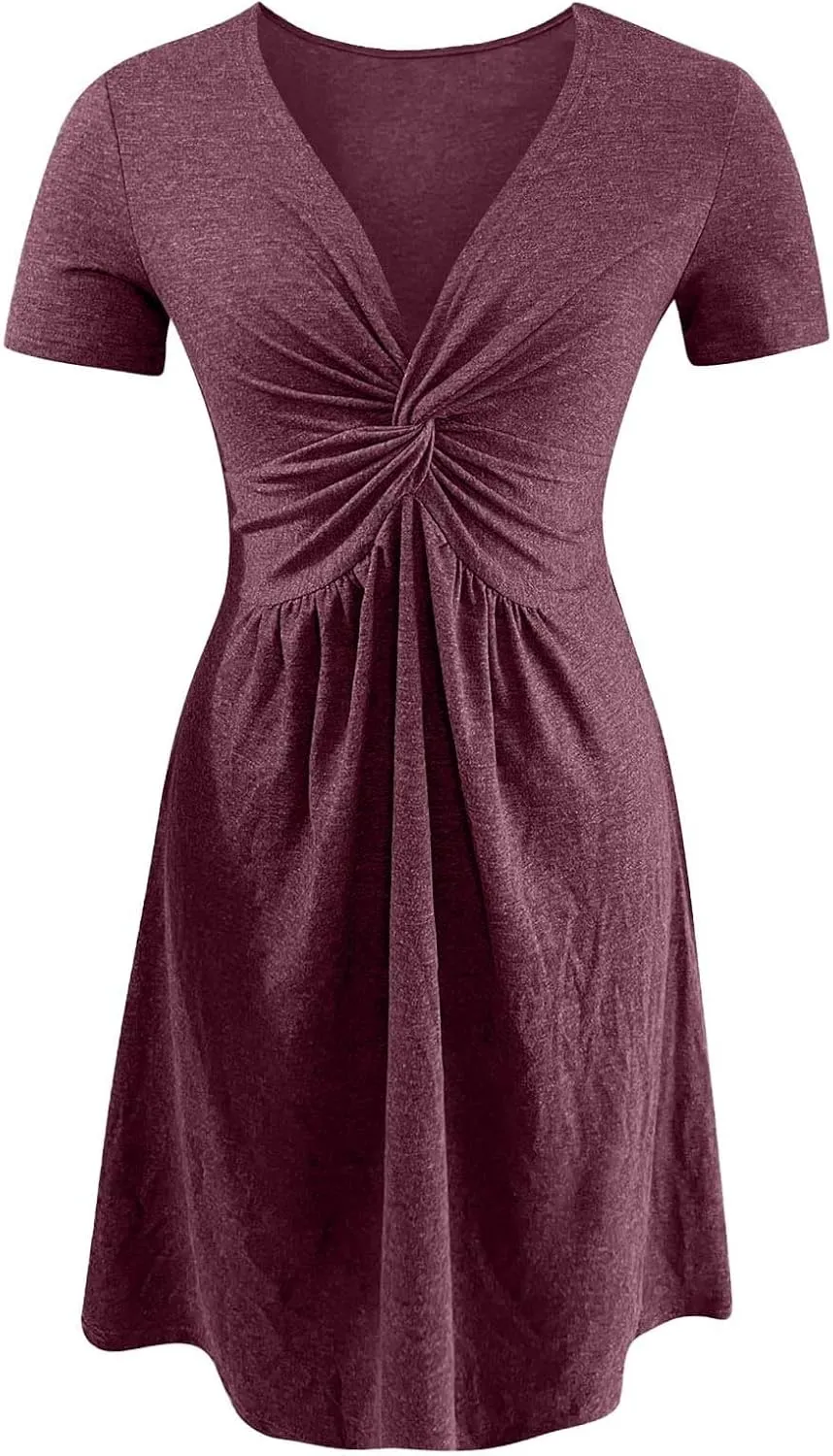 Women's Twist Front A Line V Neck Tank Dress Ruffle Summer Elegant Sleeveless Club Party Tunic Bodycon Mini Sundress