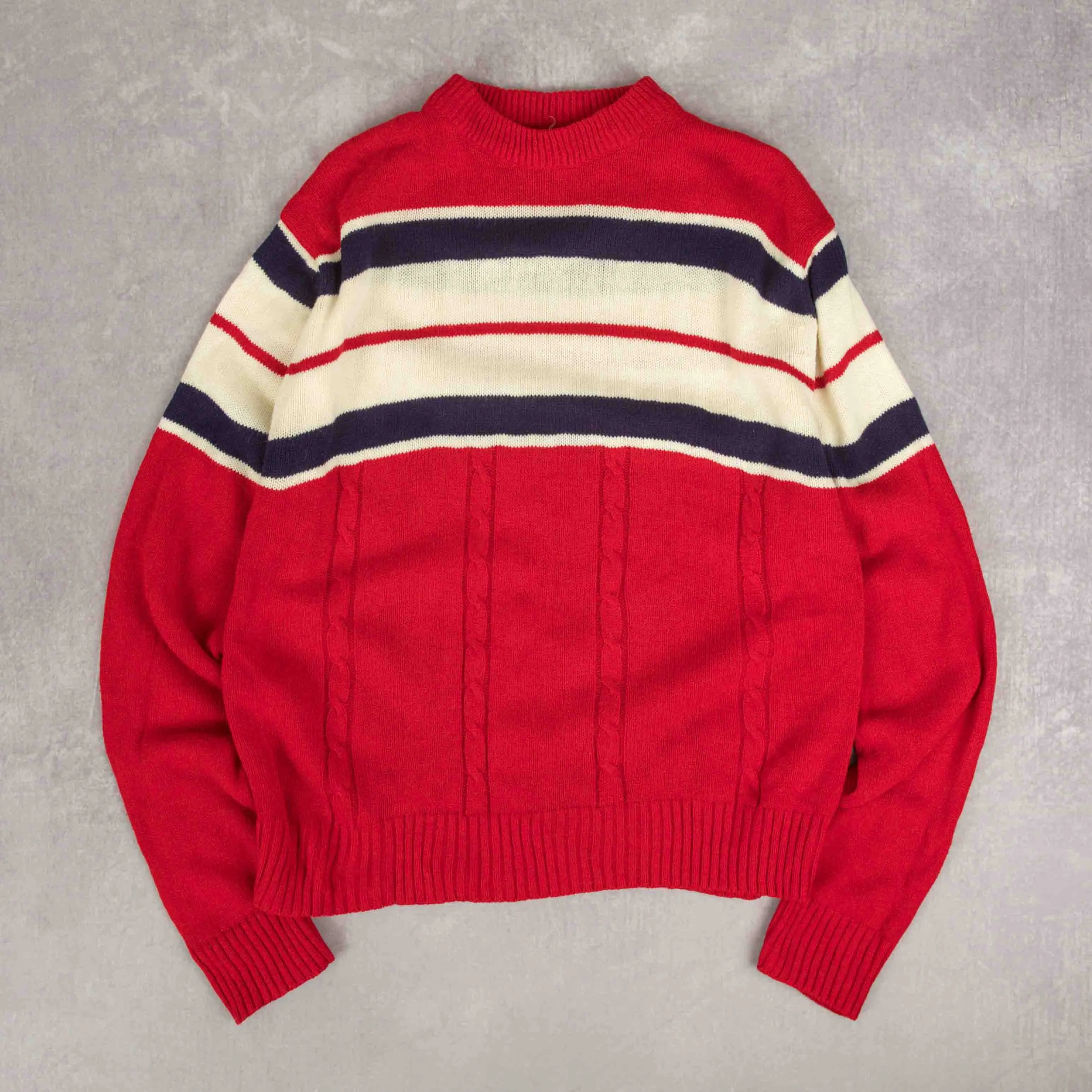WOMEN'S VINTAGE 1980S STRIPED MOCK NECK KNITTED JUMPER - LARGE